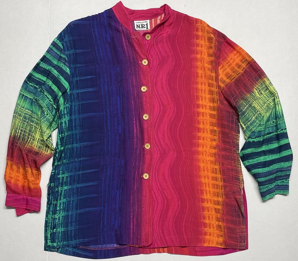VTG Sandra Ow-Wing for NR1 Rainbow Tie Dye Band Collar Button Shirt Fits M/L